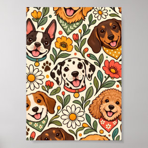 Poster Cute Dogs and Colorful Floral Pattern