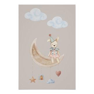 Póster Cute Doll on Crescent Moon Illustration Poster