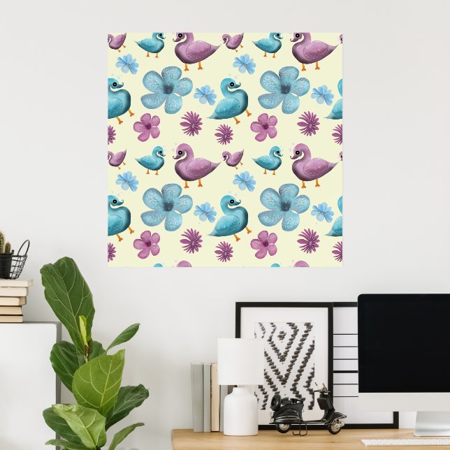 Poster Cute Duck Floral Pattern Aesthetic Pastel Kawaii B (Escritório em casa)