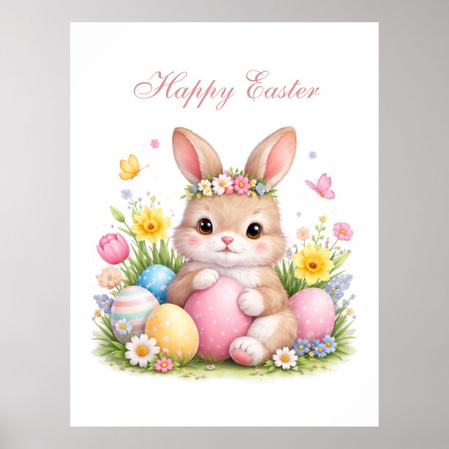 Poster Cute Easter Bunny Rabbit Pink Blush Peony (Frente)