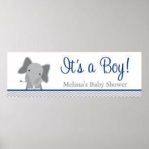 Póster Cute Elephant Chevron Navy Blue Baby Shower