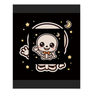 Póster Cute Esqueleto Acenando no Halloween