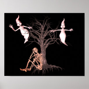 Poster Cute Esqueleto E Fantasmas Halloween 