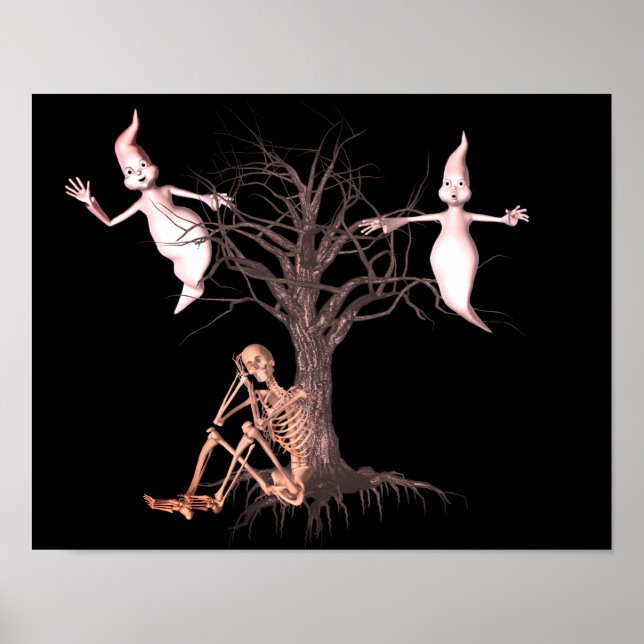 Poster Cute Esqueleto E Fantasmas Halloween  (Frente)