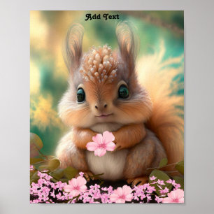 Poster Cute Esquilo Bebê Caprichoso Flores Rosa