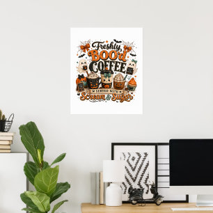 Poster Cute Fantasma Assustador Amante de Café Halloween