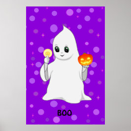Poster Cute Fantasma de Halloween & Abóbora em Roxo