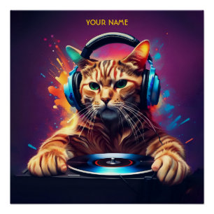 Póster Cute Fantasy Cat DJ Vinyl