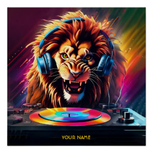 Póster Cute Fantasy Lion DJ Vinyl