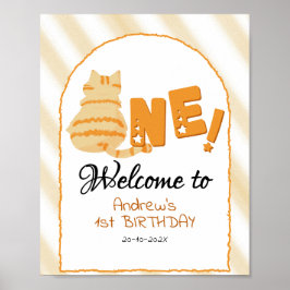 Poster Cute Fat Orange Cat 1st Birthday Welcome Sign