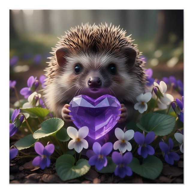 Póster Cute February Hedgehog with Amethyst Heart (Frente)