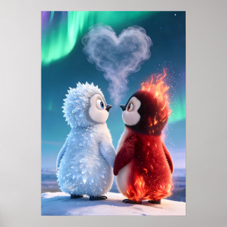 Poster Cute Fire and Ice Penguin Northern Lights