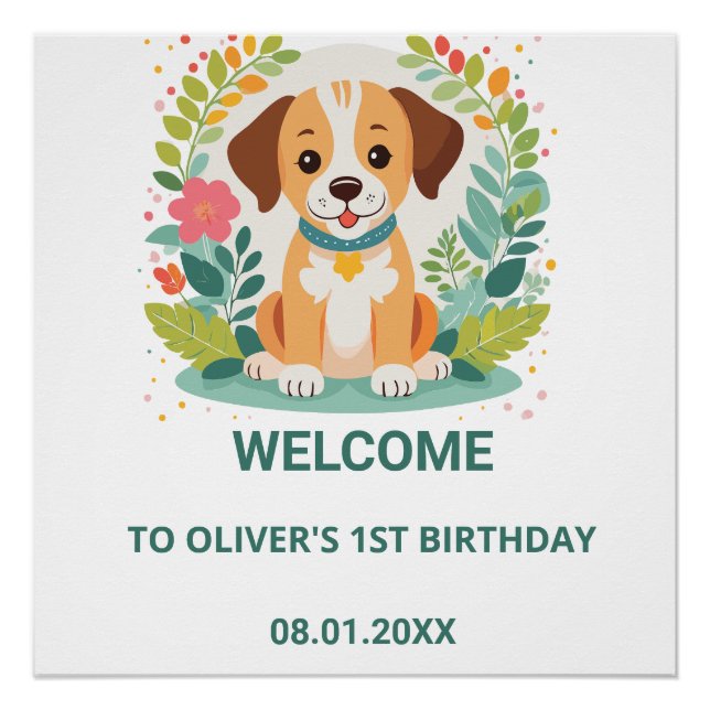 Póster Cute Floral Dog Puppy Baby Boys Birthday Welcome (Frente)