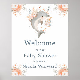 Poster Cute Floral Dolphin Baby Shower Welcome