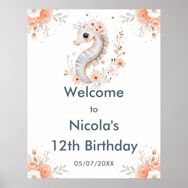 Poster Cute Floral Seahorse Birthday Party Welcome (Frente)