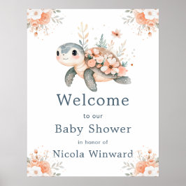 Poster Cute Floral Turtle Baby Shower Welcome