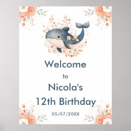 Poster Cute Floral Whale Birthday Party Welcome