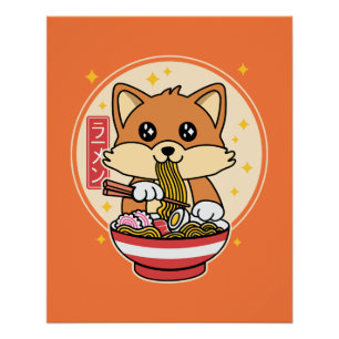 Póster Cute Fox Eating Ramen Kawaii - Presente de Comida 