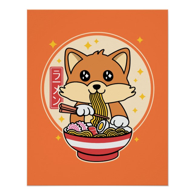 Póster Cute Fox Eating Ramen Kawaii - Presente de Comida  (Frente)