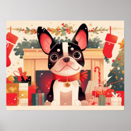 Poster Cute French Bulldog by the Christmas Fireplace