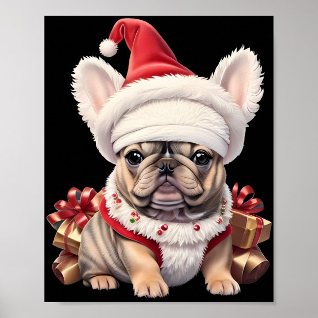 Poster Cute French Bulldog Santa Hat Merry Christmas T Sh (Frente)