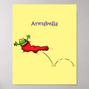 Poster Cute frog in a red sock jumping cartoon