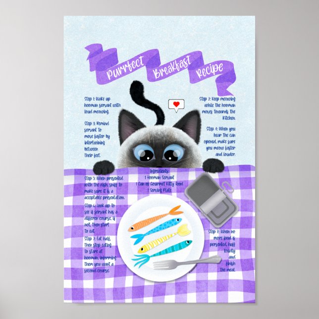 Poster Cute Funny Siamese Cat Breakfast Receita (Frente)