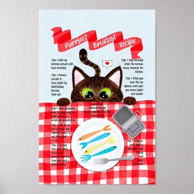 Poster Cute Funny Tabby Cat Breakfast Receita (Frente)