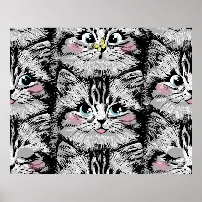 Poster Cute furry kitten face seamless pattern. Illustrat (Frente)
