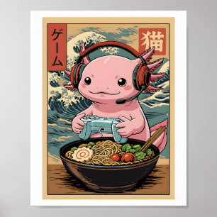 Poster Cute Gamer Axolotl Ramen Arte de Comida de Jogos J