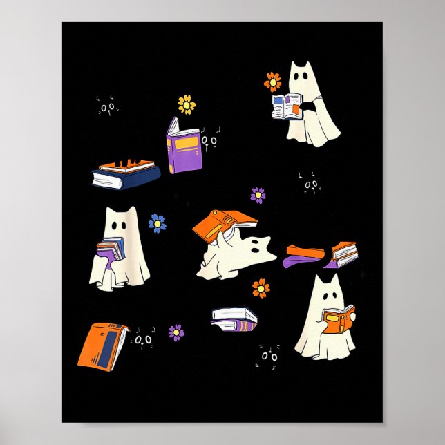 Poster Cute Ghost Cat Reading Books Lover Bookish Hallowe (Frente)
