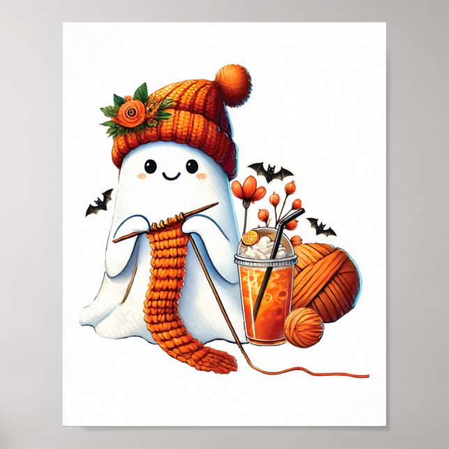 Poster Cute Ghost Crochet Knitting Amante Café de Hallowe (Frente)