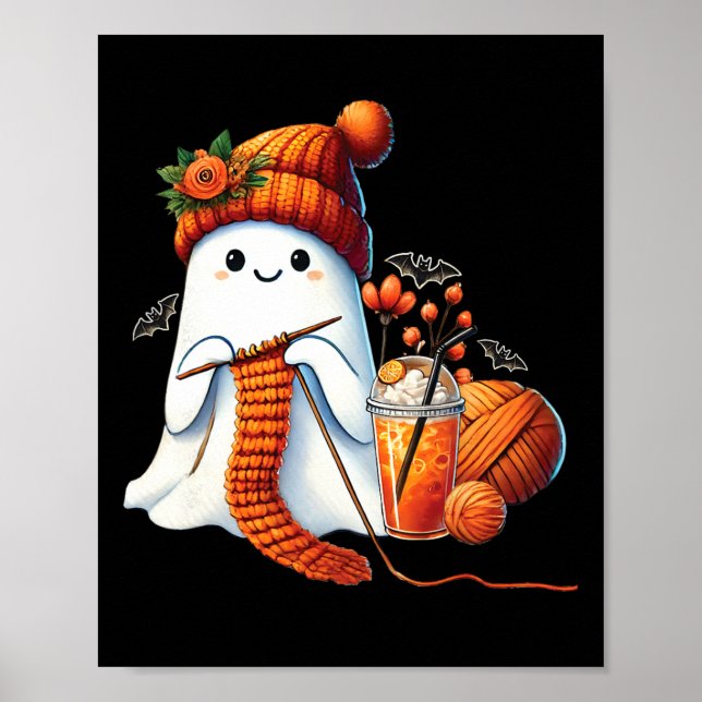 Poster Cute Ghost Crochet Knitting Amante Café de Hallowe (Frente)