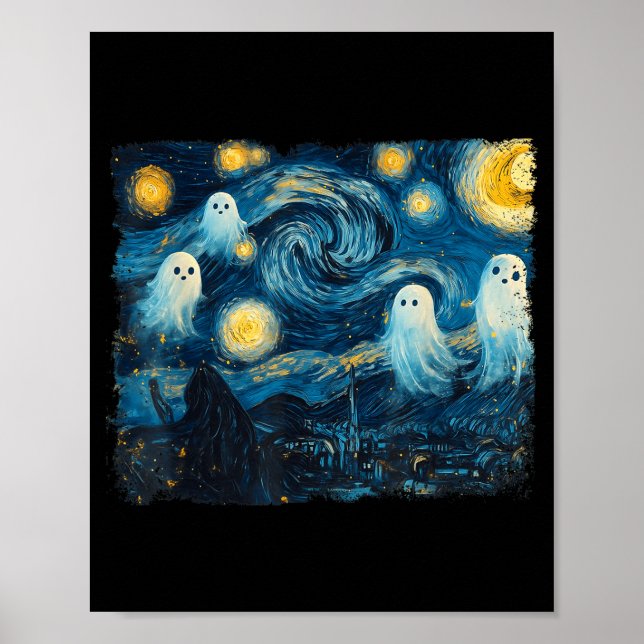 Poster Cute Ghost Starry Night Halloween Soky Retro Van G (Frente)