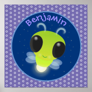 Poster Cute green glow bug firefly cartoon illustration
