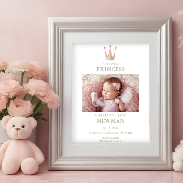 Poster Cute Green Pink Princess Crown Photo Baby Newborn (Cute Green & Pink Princess Crown Photo Baby Newborn Birth Announcement Poster.)