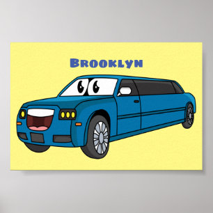 Poster Cute happy blue Limousine cartoon car