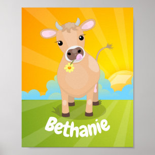 Poster Cute happy jersey cow and flower sunrise cartoon