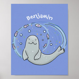 Poster Cute happy seal and fish blue cartoon illustration