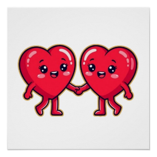 Póster Cute Heart Characters Holding Hands (Frente)