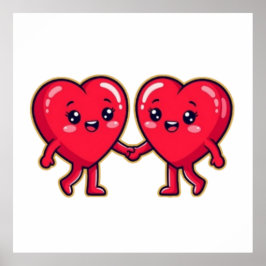 Poster Cute Heart Characters Holding Hands