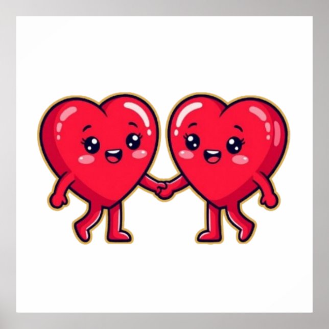 Poster Cute Heart Characters Holding Hands (Frente)