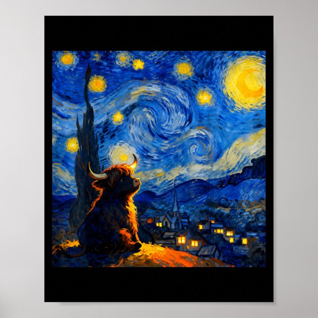 Poster Cute Highland Baby Cow Graphic Van Gogh Style Star (Frente)