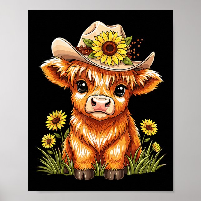 Poster Cute Highland Cow Sunflower Farm Scottish Highland (Frente)