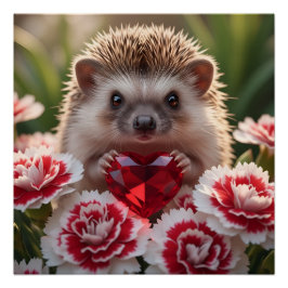 Póster Cute January Hedgehog with Garnet Heart