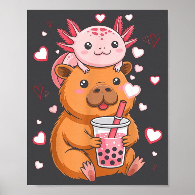 Poster Cute Kawaii Axolotl Capybara Bubble Tea Boys Girls (Frente)