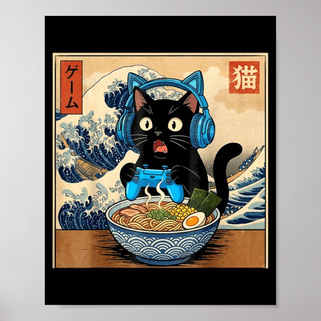 Poster Cute Kawaii Gamer Cat Funny Ramen Japanese Cat Gam (Frente)