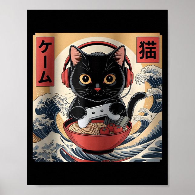 Poster Cute Kawaii Gamer Cat Funny Ramen Retro Japanese C (Frente)