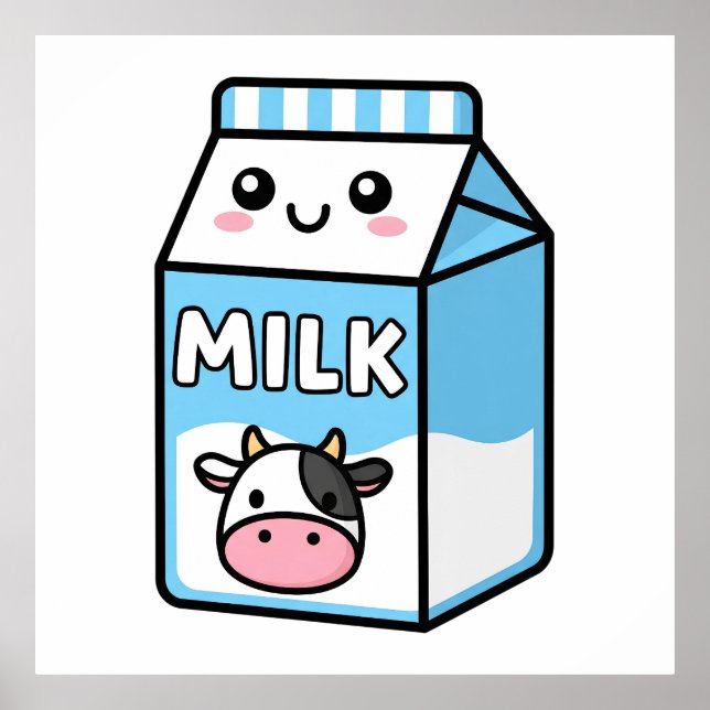 Poster Cute Kawaii Milk Carton Illustration with Cow Icon (Frente)