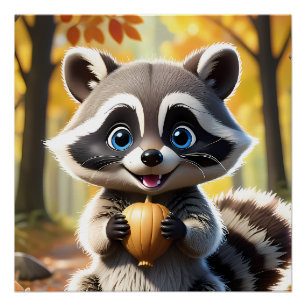 Póster Cute Kawaii style Racoon segurando uma bolota